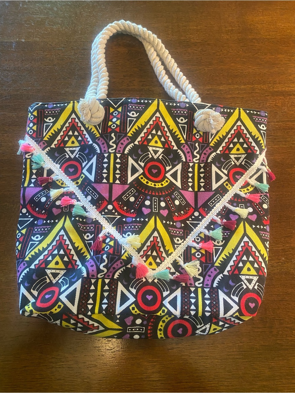 ⁠Boho Tribal Pattern Canvas Beach Tote Bag Rope Handles Colorful Tassel Trim